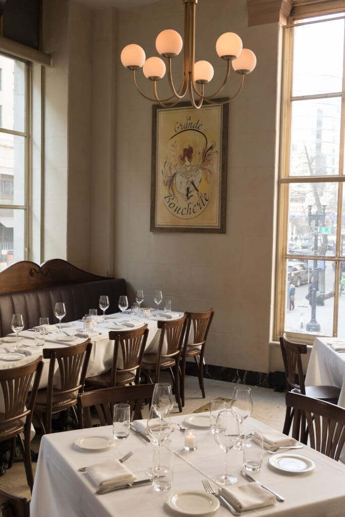 Elegant dining room at La Grande Boucherie in Washington DC for rehearsal dinners and wedding receptions