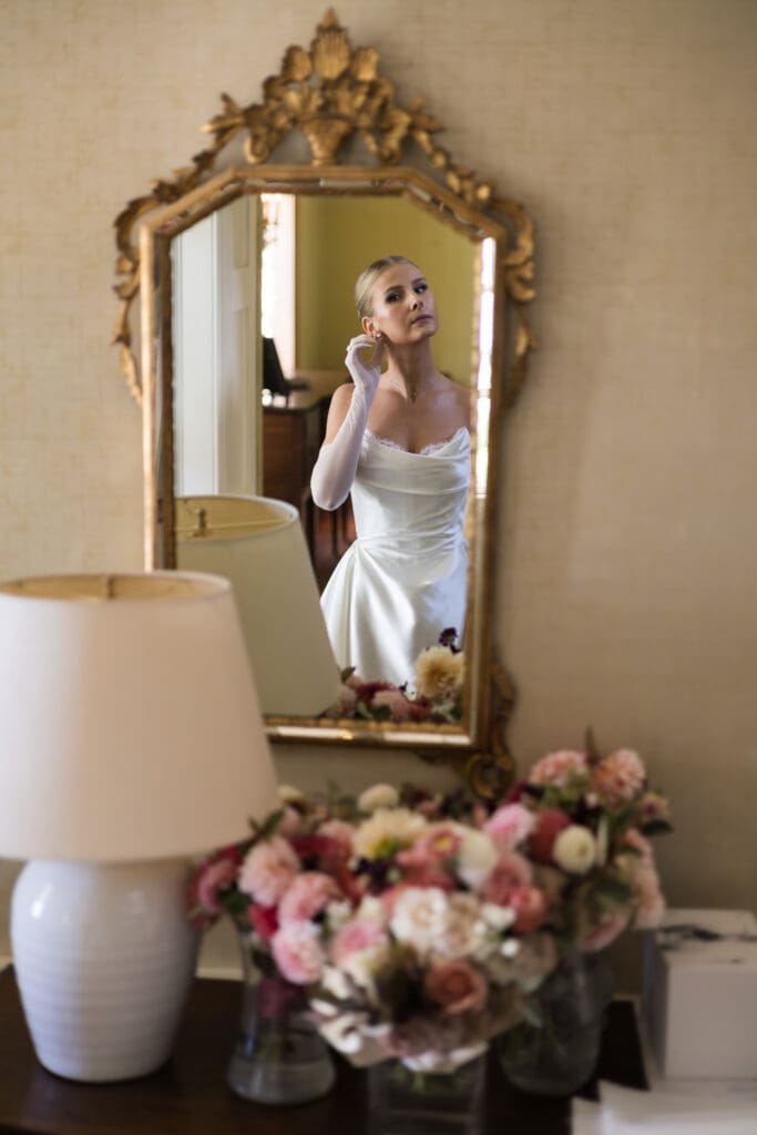 romantic bride portrait in soft sunlight with trees at Virginia private estate wedding