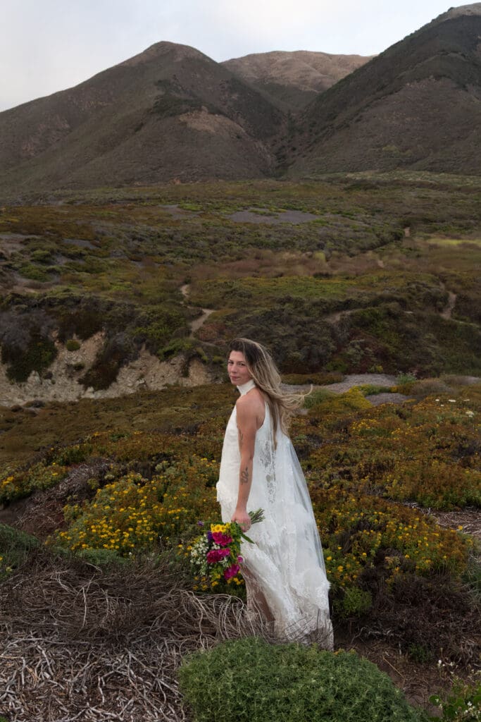 Scenic coastal view of Big Sur bride against the mountain meeting the ocean under cloudy skies