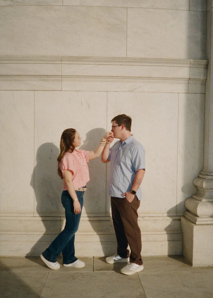 Sunrise engagement photos at the Jefferson Memorial during cherry blossom season