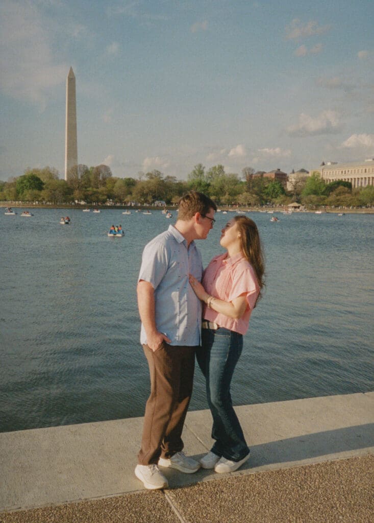 Sunrise engagement photos at the Jefferson Memorial during cherry blossom season